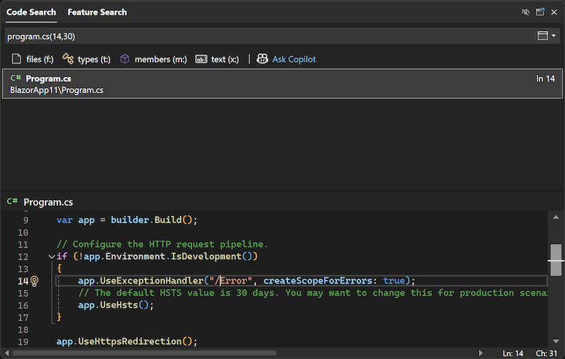Screenshot showing navigation to file, line, and column.