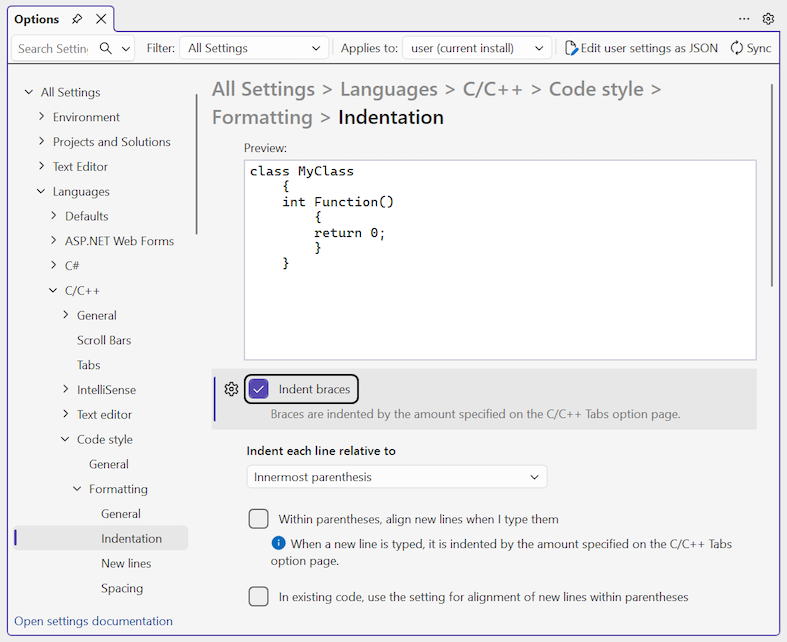 Screenshot of the Indentation Formatting settings for the C/C++ language with a selected setting demonstrated in the Preview pane.