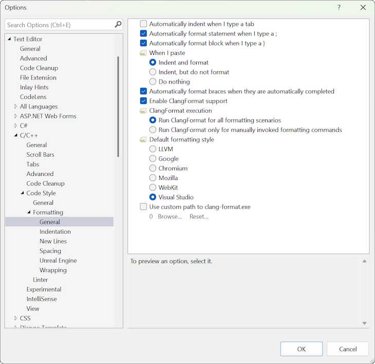 Screenshot of the General Formatting settings for the C/C++ language in the Options dialog.