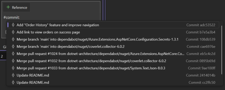 Typing #commit displays a dropdown of recent commits