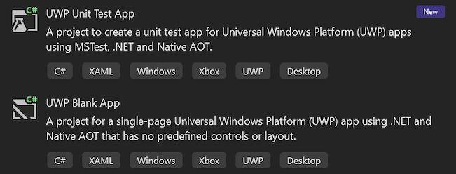 UWP .NET 9 MSTest project templates