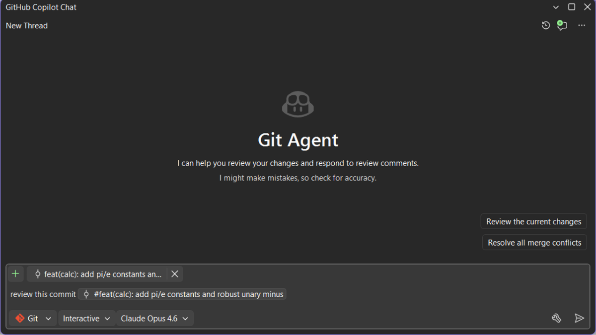 Copilot Chat window with Git agent prompt asking to review a specific commit