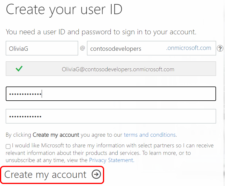 Screenshot of the Create your user ID dialog. The Create my account button is highlighted. Microsoft 365 apps for enterprise user ID creation