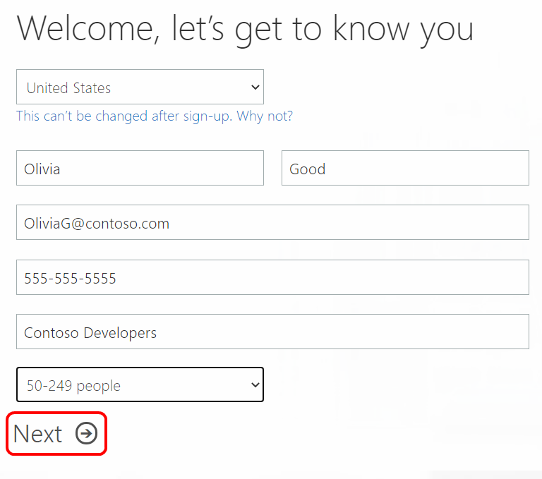 Screenshot of the Welcome, let's get to know you dialog used to create your account. The Next button is highlighted. Microsoft 365 apps for enterprise customer information