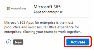 Screenshot of the Microsoft 365 apps for enterprise tile. The Activate button is highlighted. Microsoft 365 apps for enterprise tile