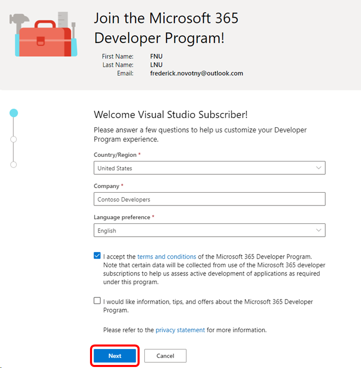 Screenshot of the account creation dialog. The Next button is highlighted. Microsoft 365 Developer welcome screen