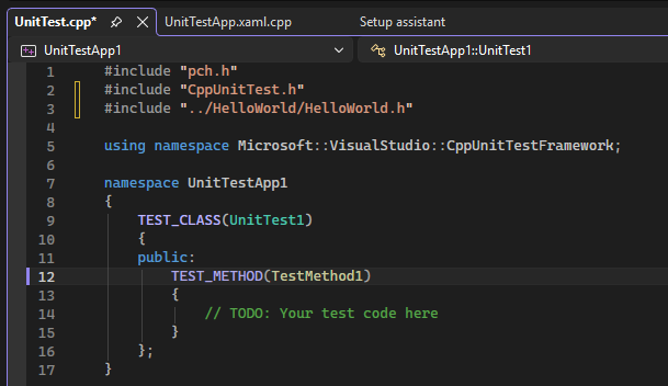 Screenshot shows a stub class and method using the TEST_CLASS and TEST_METHOD macros in Visual Studio.