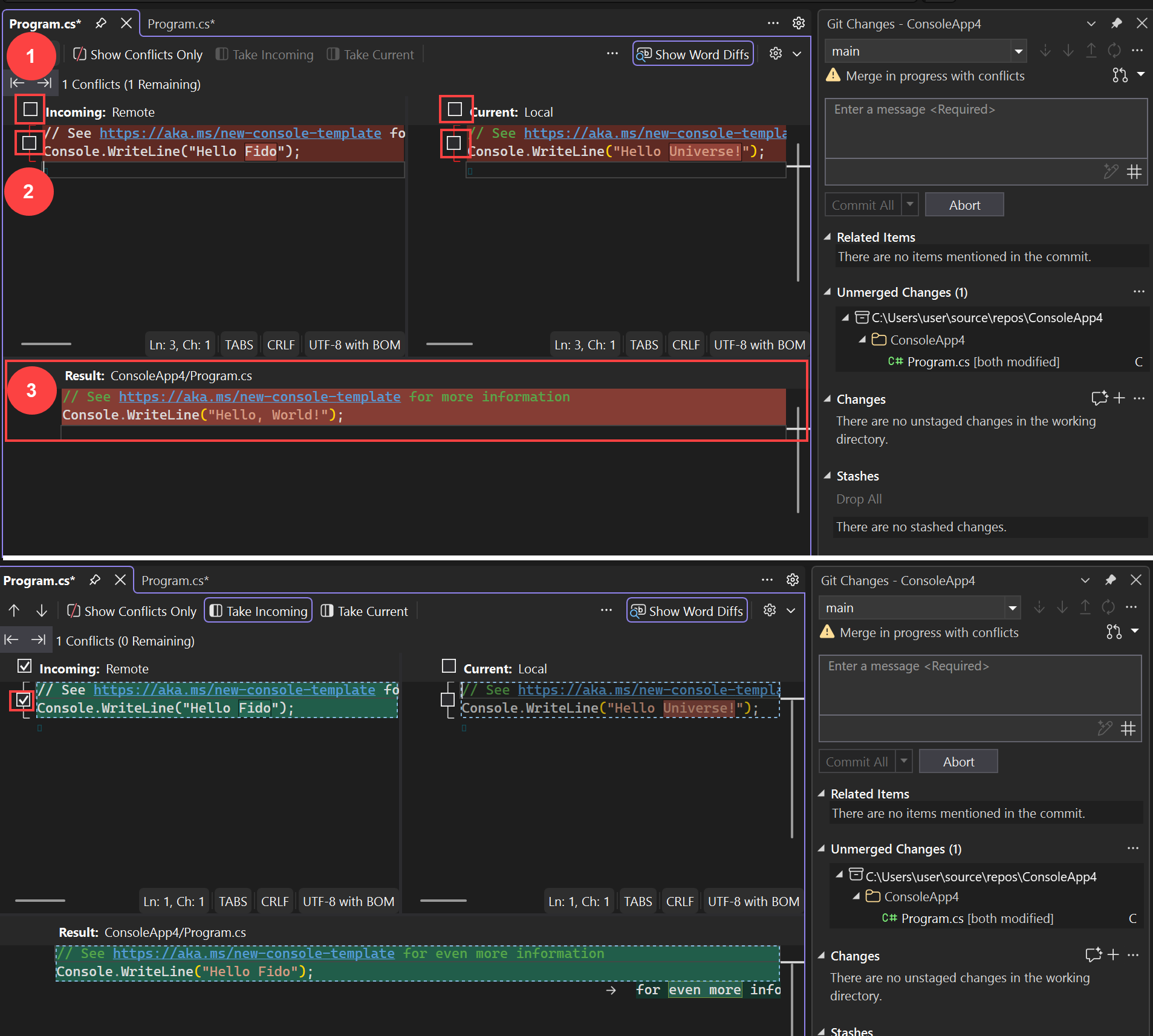 Screenshot that shows how to resolve a merge conflict in Visual Studio.