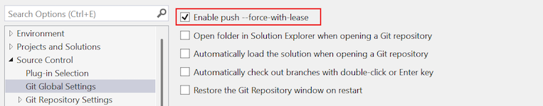 Screenshot of the 'Enable push --force-with-lease' option in the Options dialog.