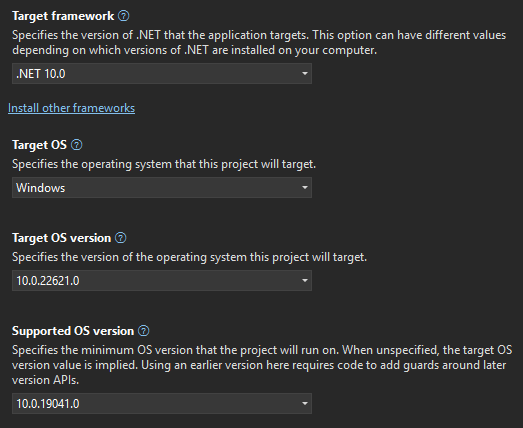 Target framework settings in Visual Studio.