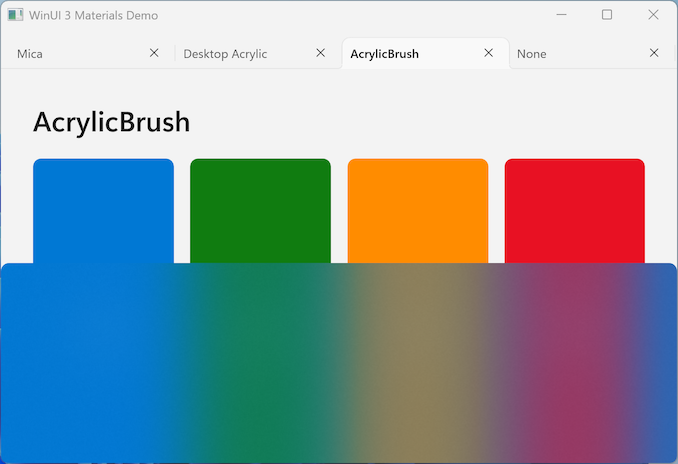 Screenshot of a WinUI 3 app with AcrylicBrush applied, showing a translucent panel that blurs XAML content within the app window.