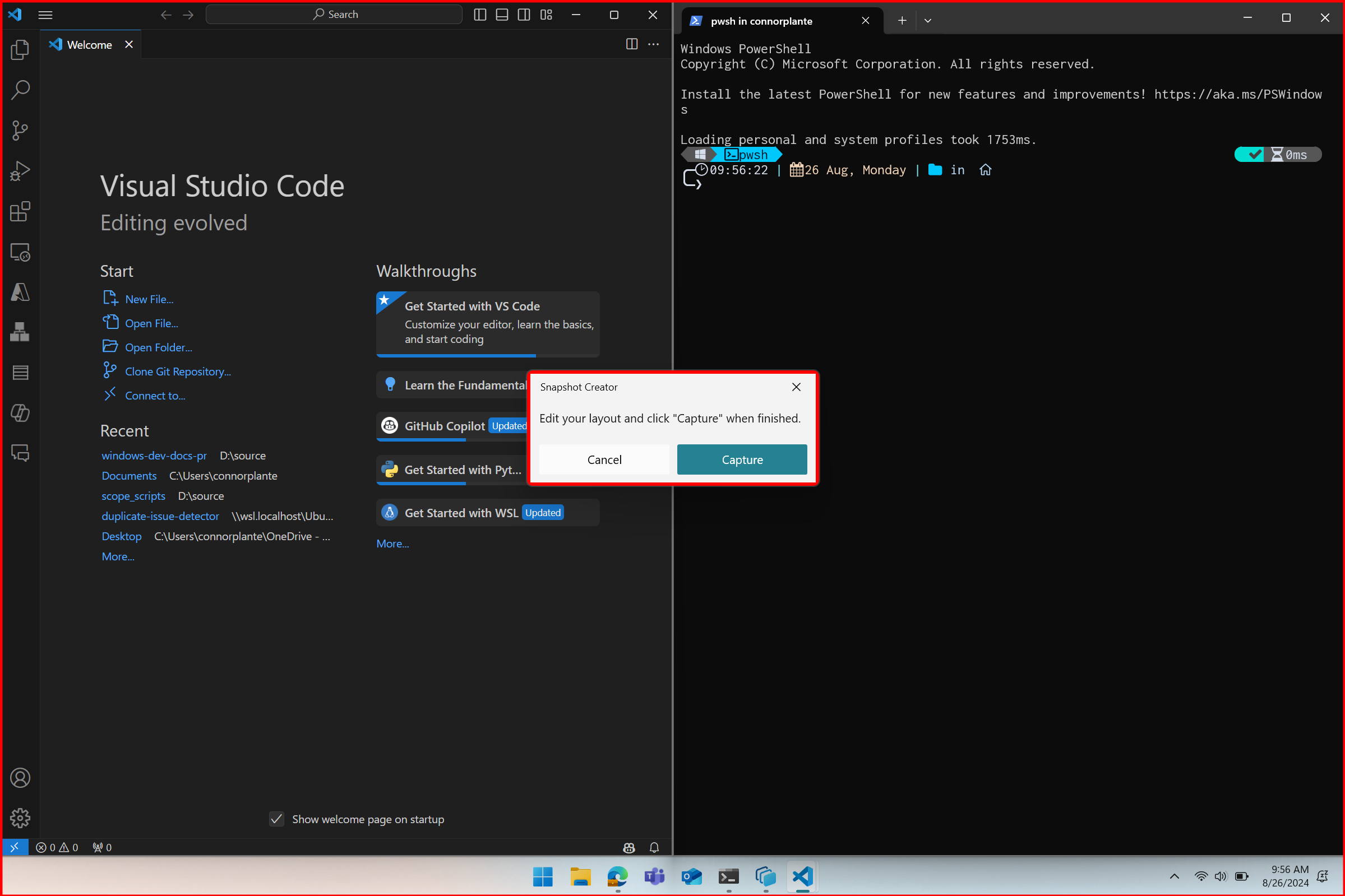 Screenshot of PowerToys Workspaces capture experience showing app arrangement options.