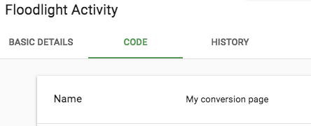 Code tab in Floodlight activity