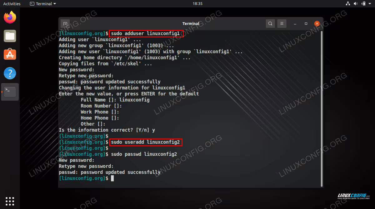 Executing the adduser and useradd commands to add two new users - do you see the differences?