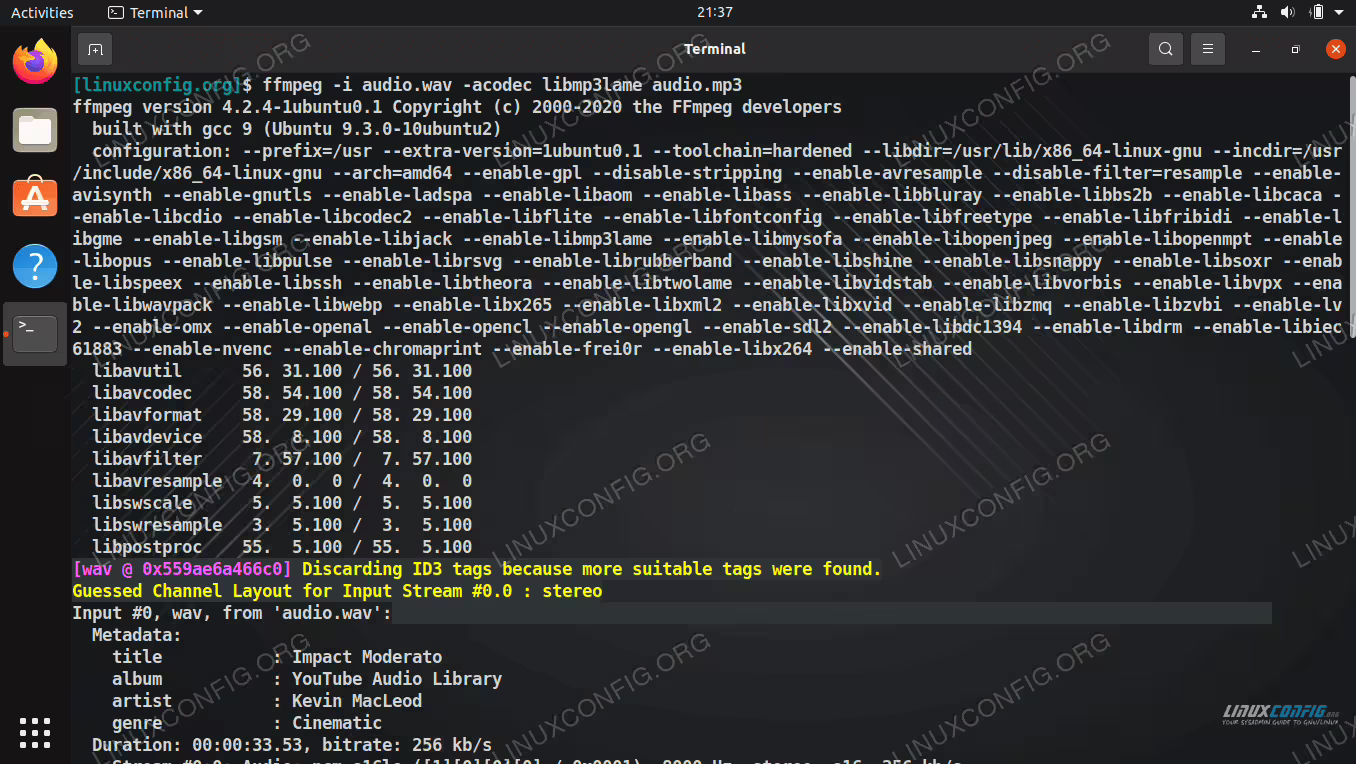 Converting between audio formats using the ffmpeg command on Linux