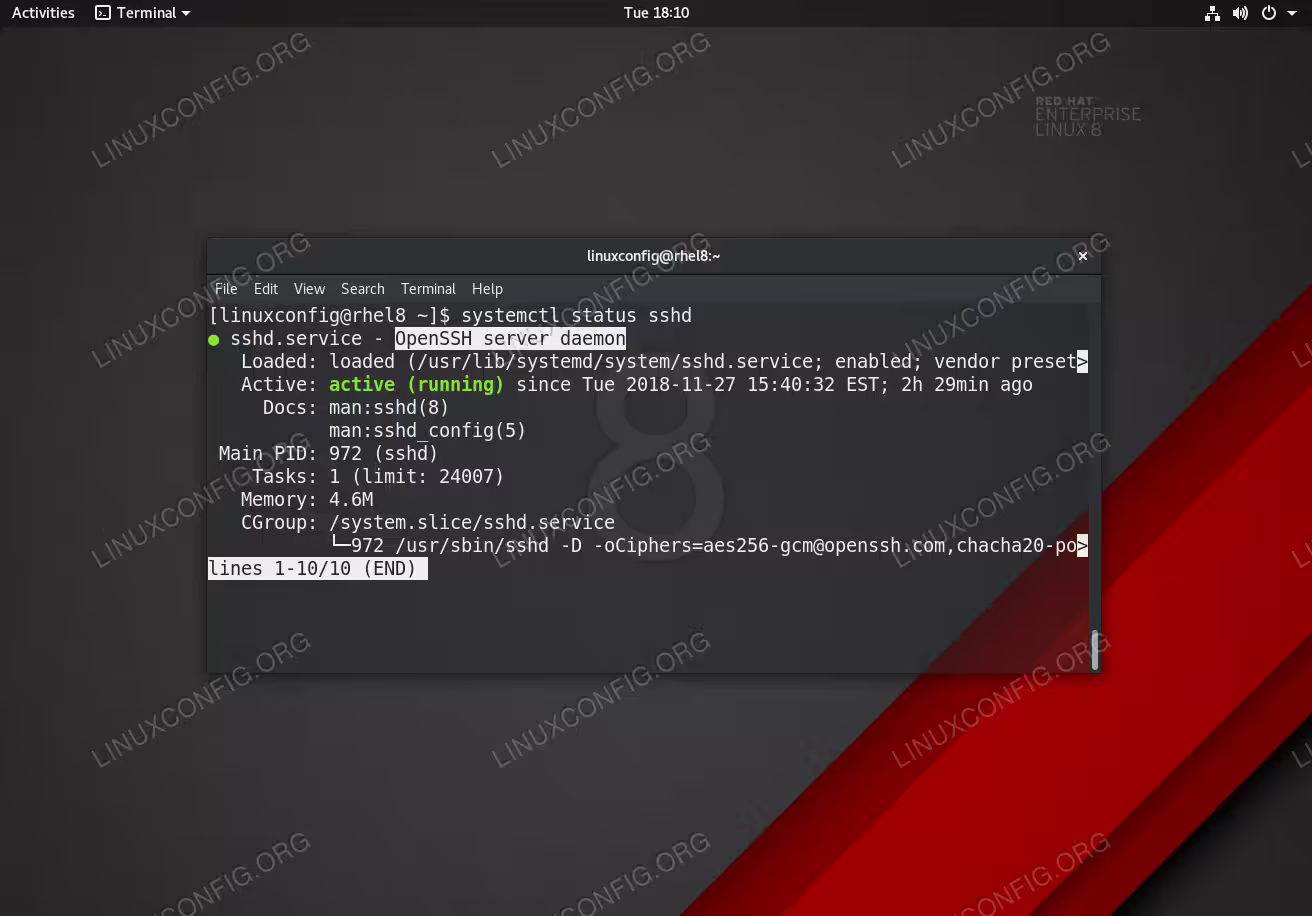 Active SSH Server Daemon on RHEL 8 Linux server/workstation.