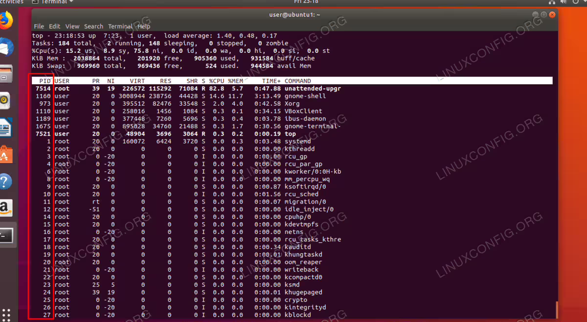 See the PID with top command