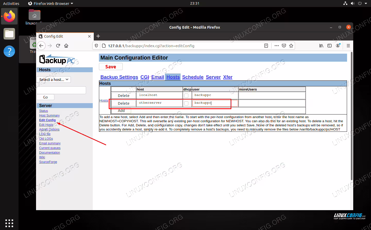 Add a host and configure other options under the edit config page