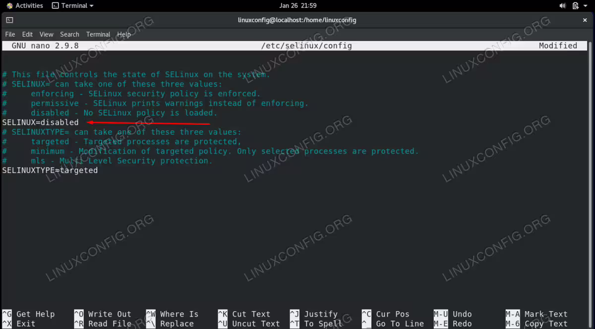 Set the SELINUX directive to disabled to permanently disable it
