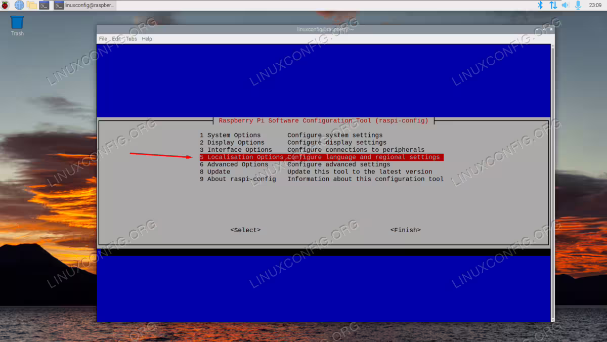 Opening the Localisation Options menu from raspi-config