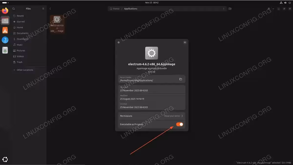 AppImage file properties dialog showing executable permission toggle in Ubuntu file manager