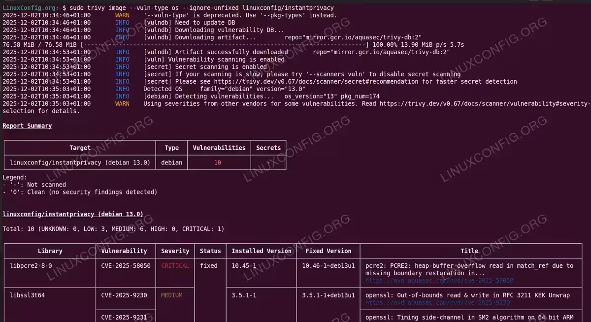 Trivy scan results showing 10 vulnerabilities including 1 critical in linuxconfig/instantprivacy Docker image