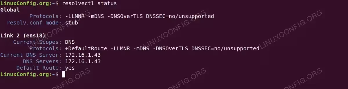 Terminal output of resolvectl status command showing default DNS configuration on Ubuntu 26.04 with DHCP-provided DNS server 172.16.1.43 on interface ens18