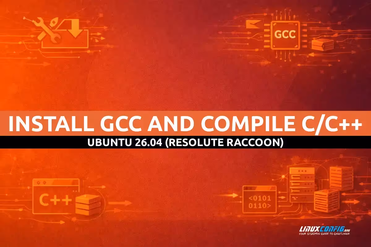 Abstract illustration representing C and C++ development with GCC compiler on Ubuntu Linux with code symbols and terminal elements