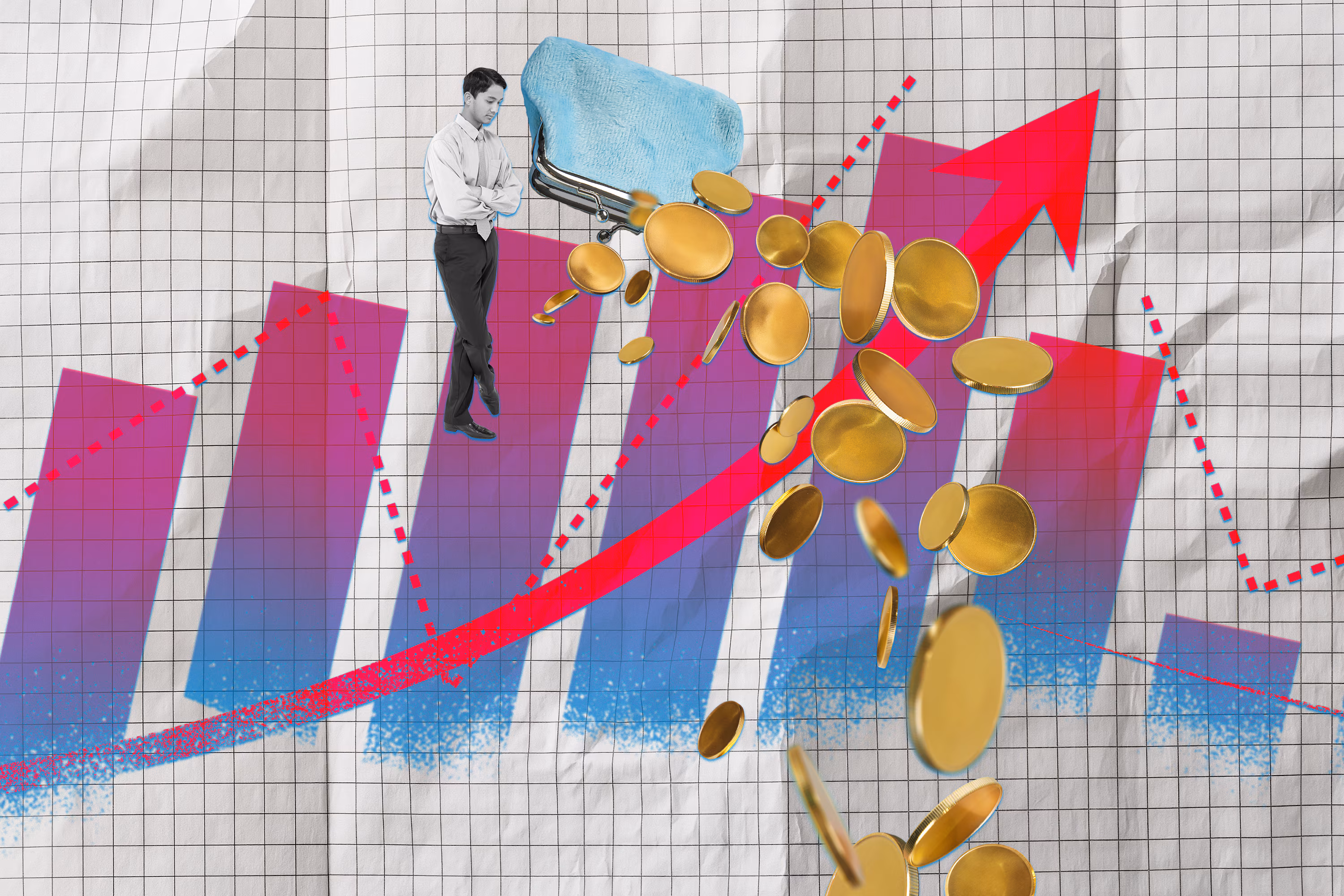 A graphic that shows an arrow and graph increasing while gold coins are falling and a person looks down at the coins