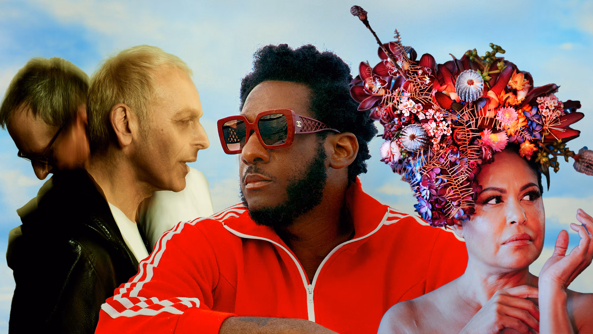 Collage of artists press shots: male duo Underworld, African-American singer Leon Bridges, Torres Strait Islander Christine Anu