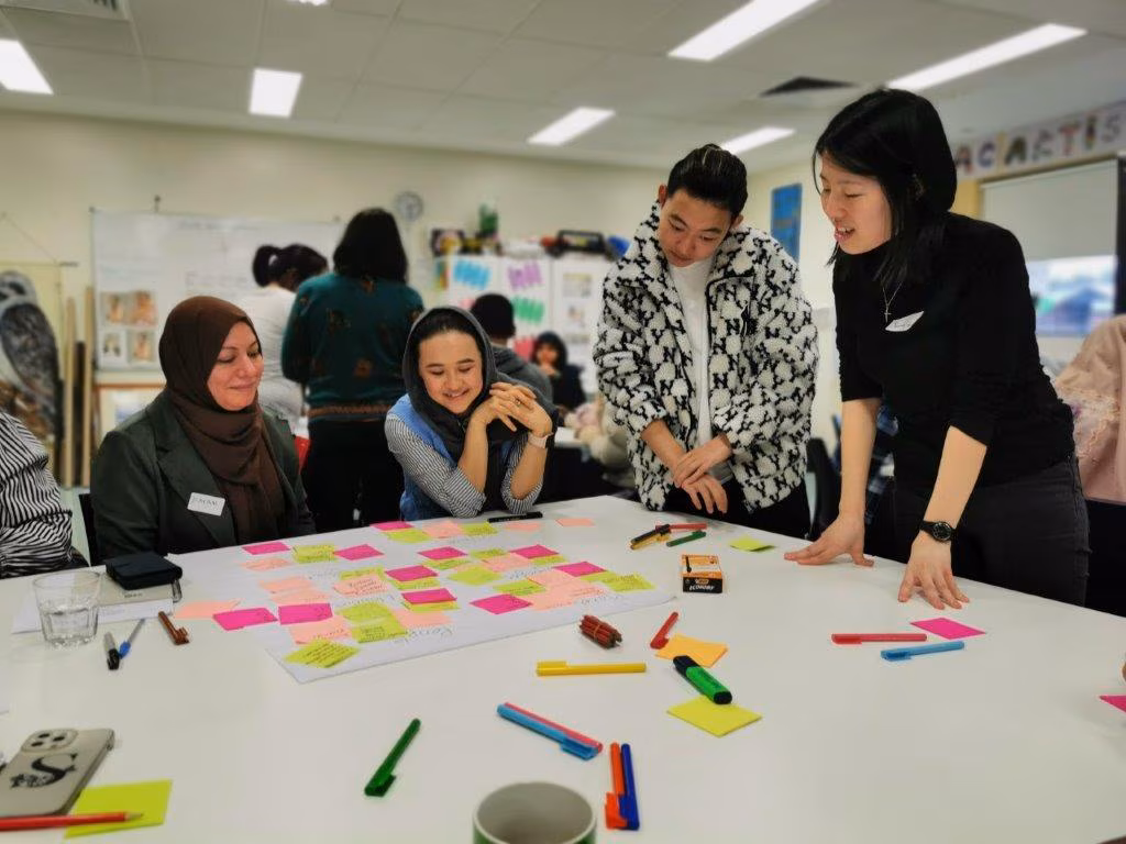 Four women look at brightly coloured post it notes at a workshop