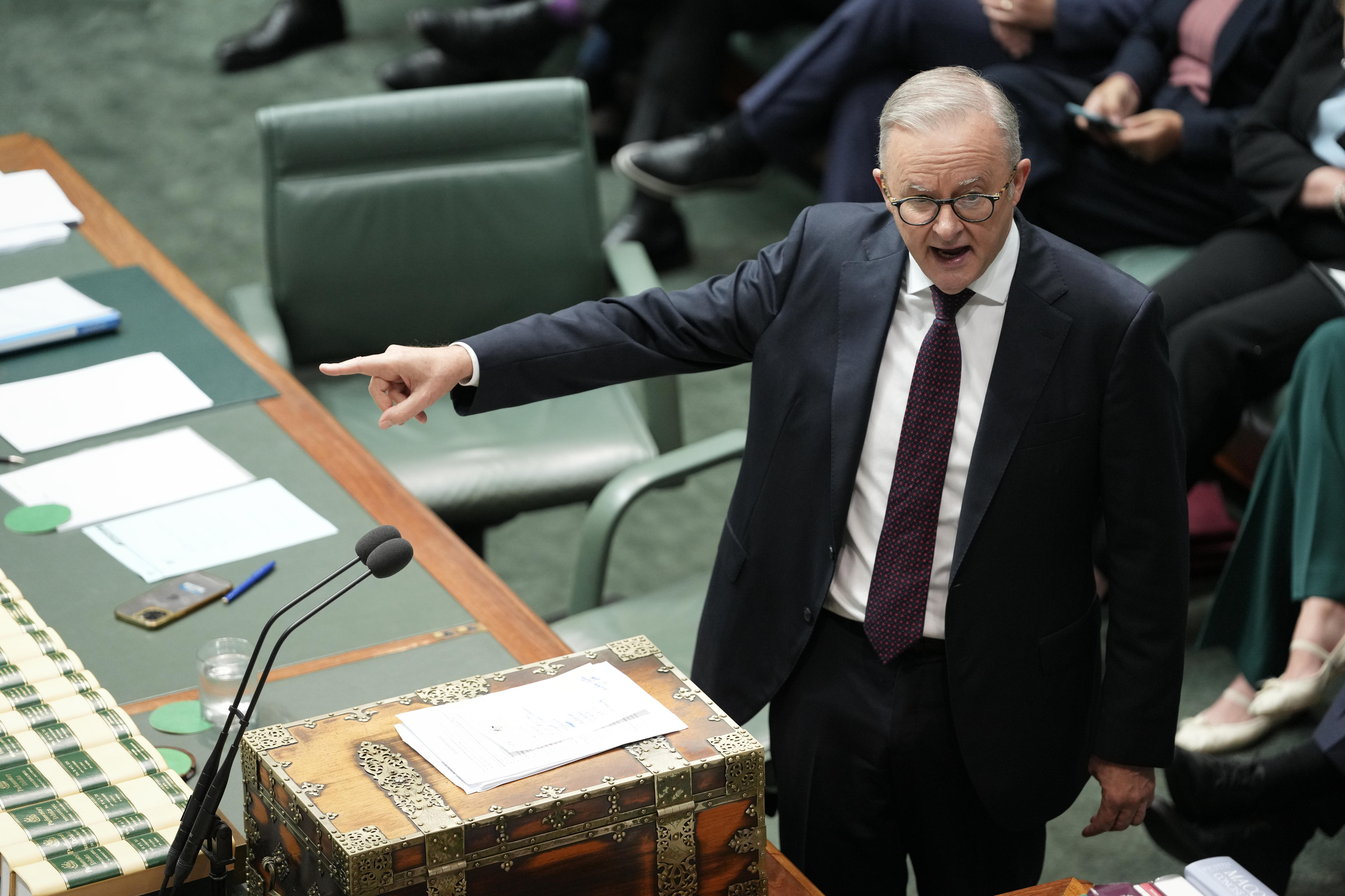 Anthony Albanese in parliament points his hand at the Opposition Leader.