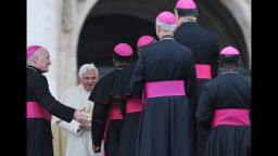 Pope Benedict XVI (2nd L) talks with bishops on Saint-Peter's square at the Vatican after his weekly general audience on November 4, 2009. AFP PHOTO / ANDREAS SOLARO (Photo credit should read ANDREAS SOLARO/AFP/Getty Images)
