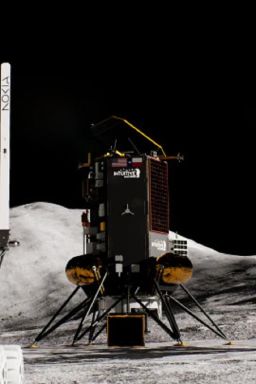 Artist rendering of the Lunar Outpost Mobile Autonomous Prospecting Platform (MAPP) rover with Nokia antennas extended. The images, data and telemetry collected by MAPP will be sent back to the Nova-C lander over the Nokia 4G/LTE network and then relayed to Earth. Mission controllers in Colorado will issue commands to the rover over the same connection.