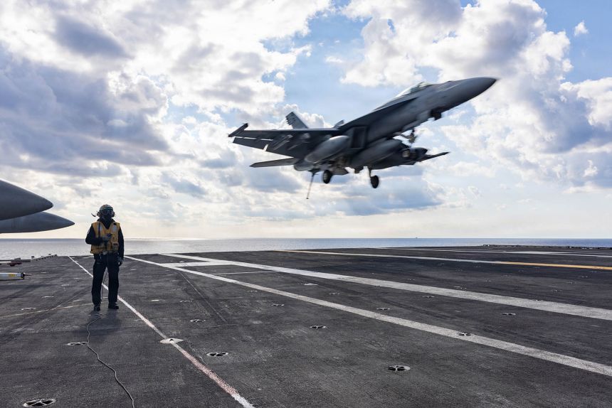 An F/A-18E Super Hornet aircraft, attached to Strike Fighter Squadron 37, lands on the flight deck of the world’s largest aircraft carrier, USS Gerald R. Ford, while operating in support of Operation Epic Fury in the Eastern Mediterranean Sea, on Monday, March 2.
