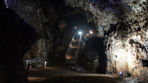 A general view of a staircase leading into the Sterkfontein caves located within the Cradle of Humankind UNESCO World Heritage Site in Krugersdorp near Johannesburg on April 15, 2025. The iconic caves some 50 kilometres (30 miles) northwest of Johannesburg, is one Africa's largest collection of hominin fossils and was closed to the public in 2022 due to flooding that destroyed its entrance.