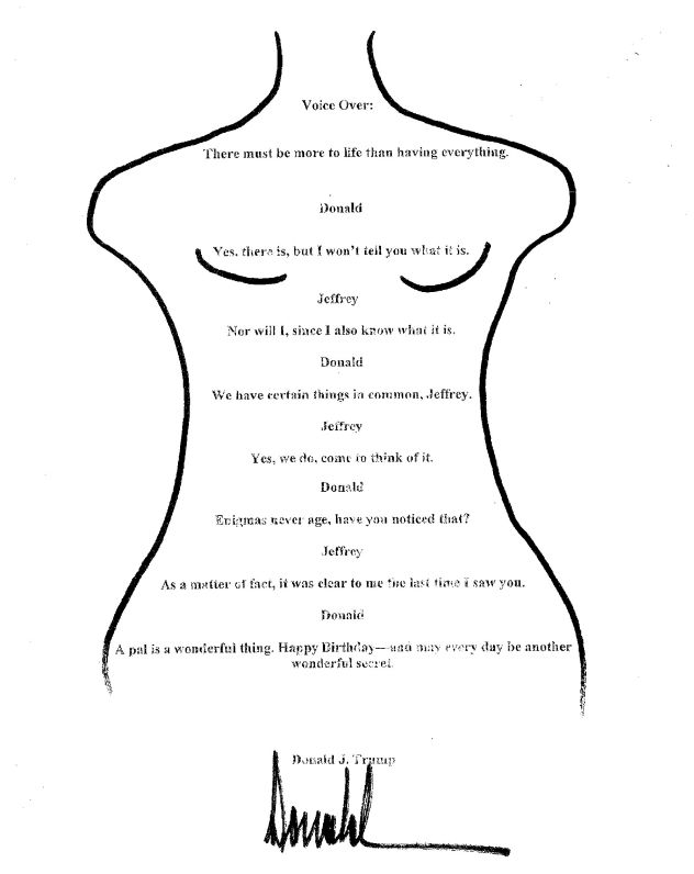 This image shared by Democrats on the House Oversight Committee shows the birthday note to Jeffrey Epstein bearing Donald Trump's name. Trump has repeatedly denied writing the letter.