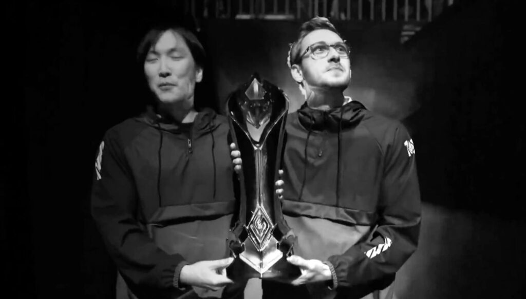100T roster 2023 announcement - Doubelift and Bjergsen on the same team holding a LCS trophy