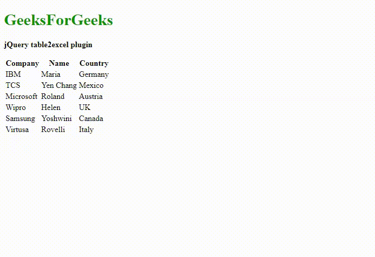 table to excel output