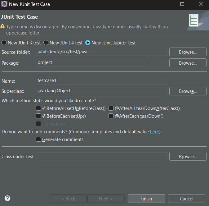 Setting Test cases for JUnit