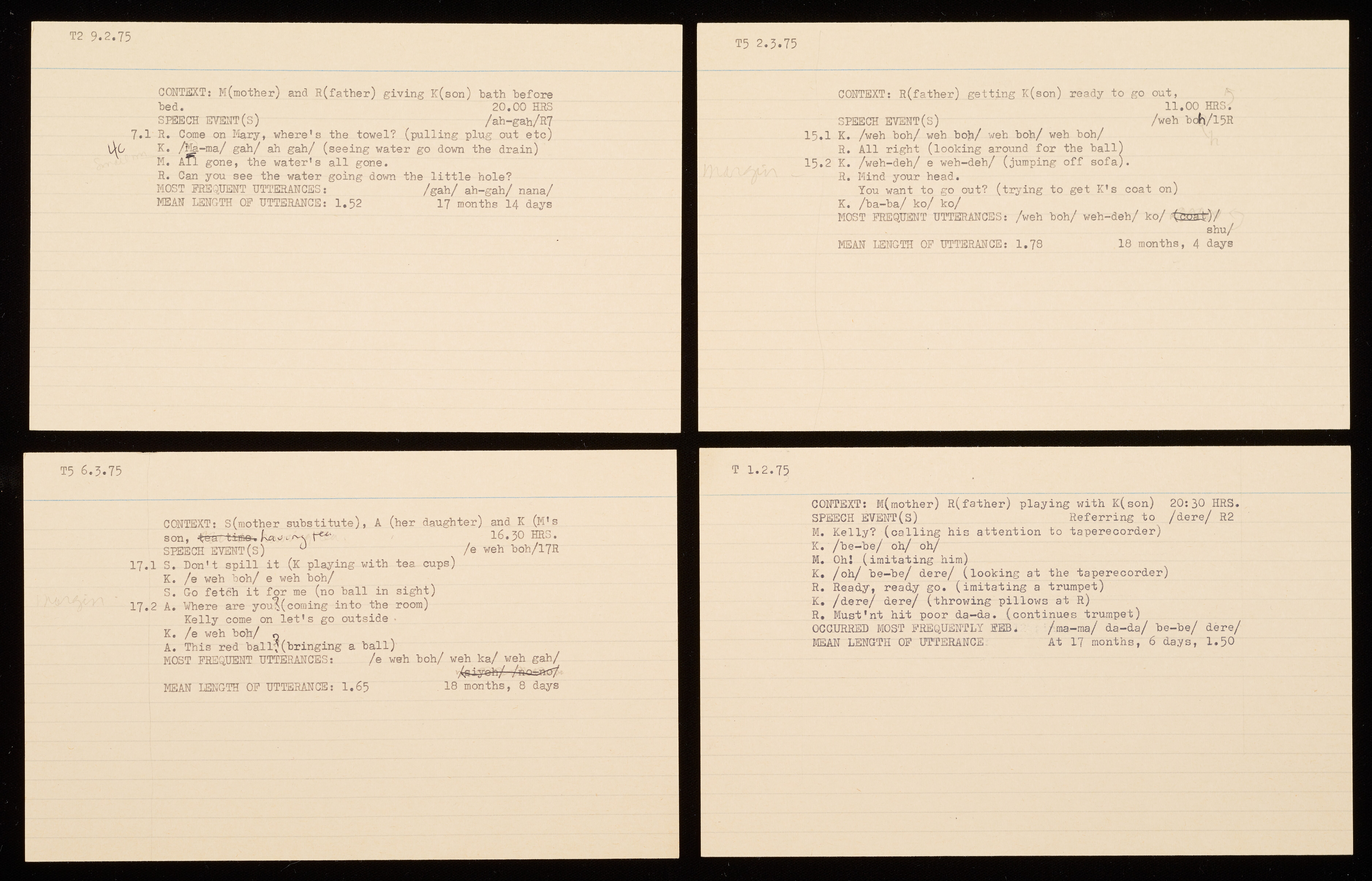 A grid of four type-written index cards documenting conversations between parents and son
