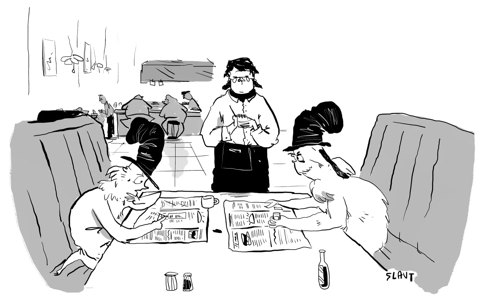 Characters from Dr. Seuss Green Eggs And Ham order food at a diner.