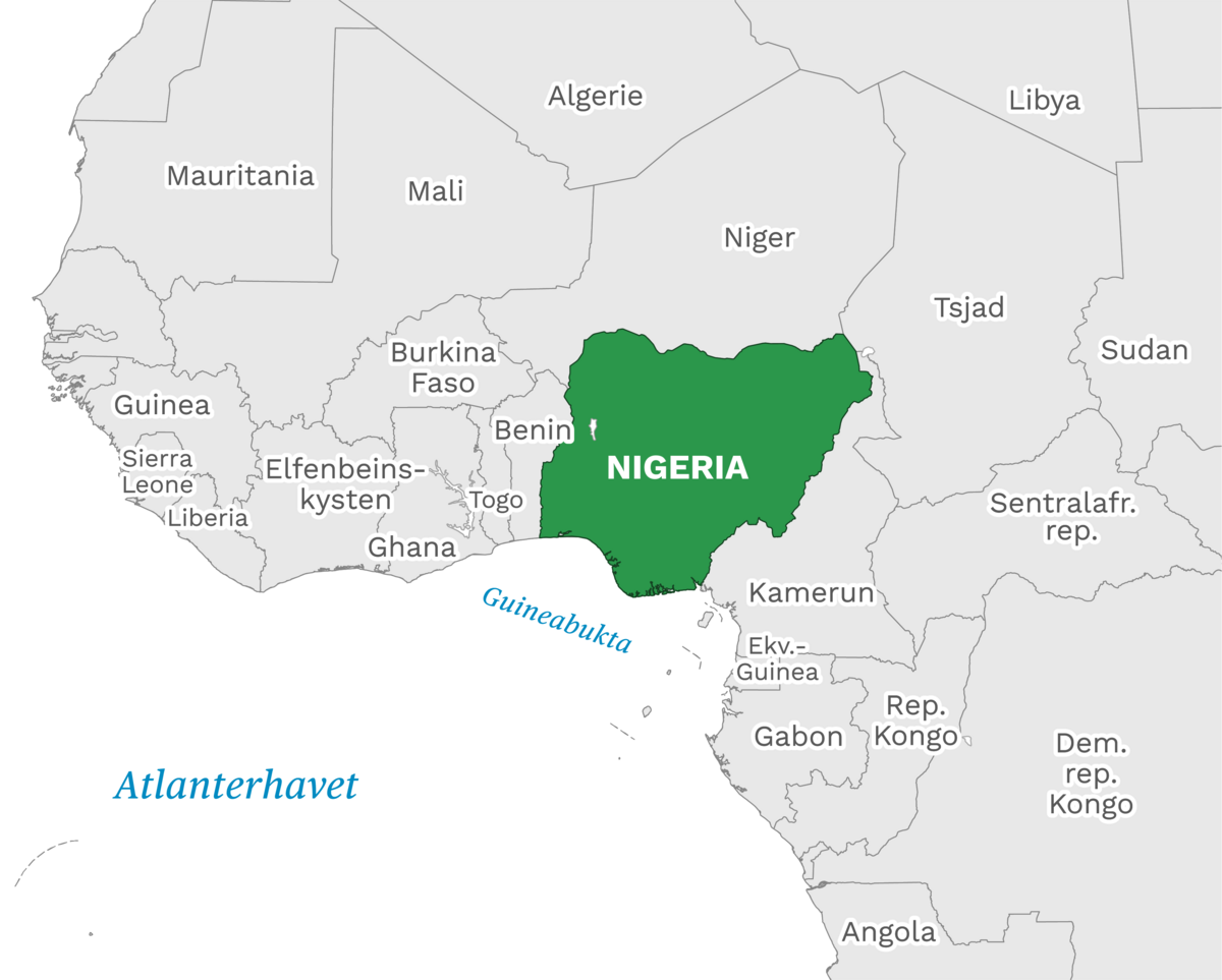 Plassering av Nigeria med naboland rundt, kart