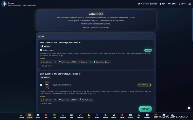 Quest Hall card waiting on a player choice, with rewards and a map shortcut