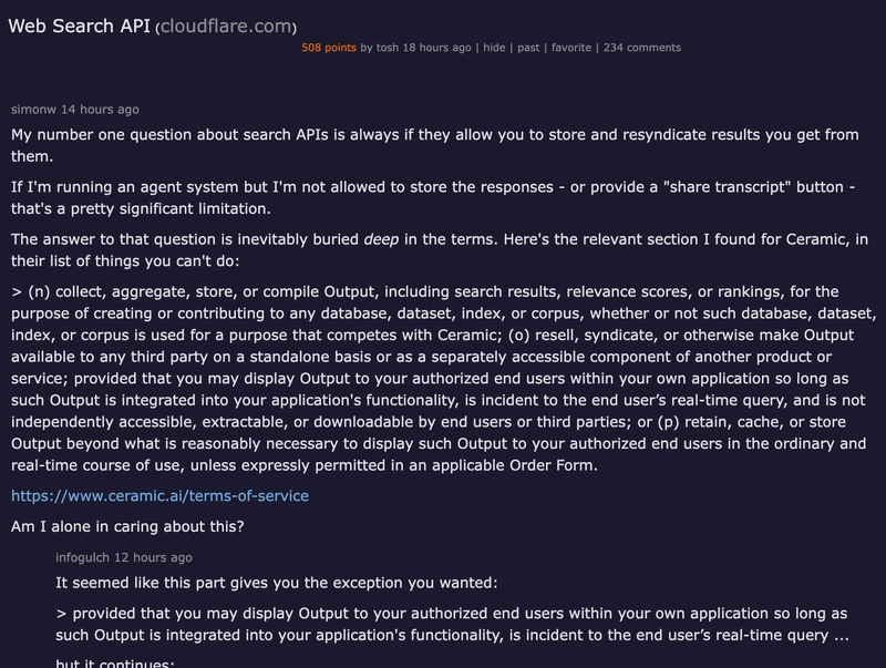 Hacker News discussion of Cloudflare Web Search API with 306 points and 154 comments