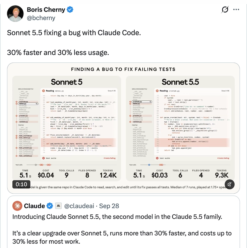 Boris Cherny (@bcherny) announcing Sonnet 5.5 is 30% faster, 30% less usage