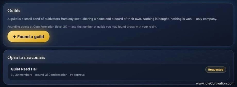 Guilds screen offering to found a guild or join one open to newcomers