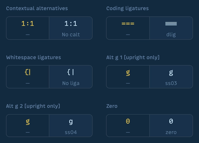 Close-up of MonoLisa OpenType selectors showing ligatures, alternate g forms, and zero styles