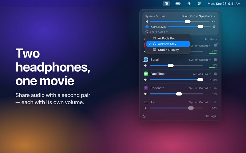 Sharing audio with a second pair of headphones, each with its own volume control