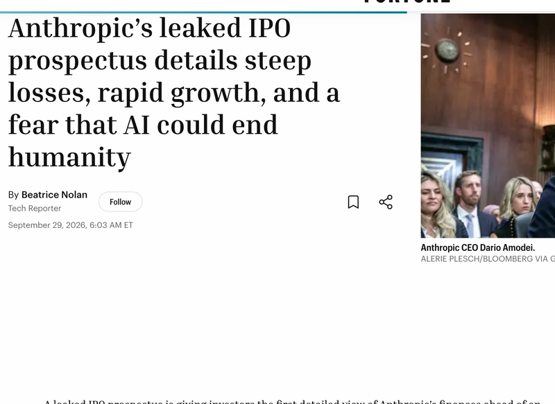 Fortune coverage of Anthropic's leaked IPO prospectus showing steep losses and rapid growth